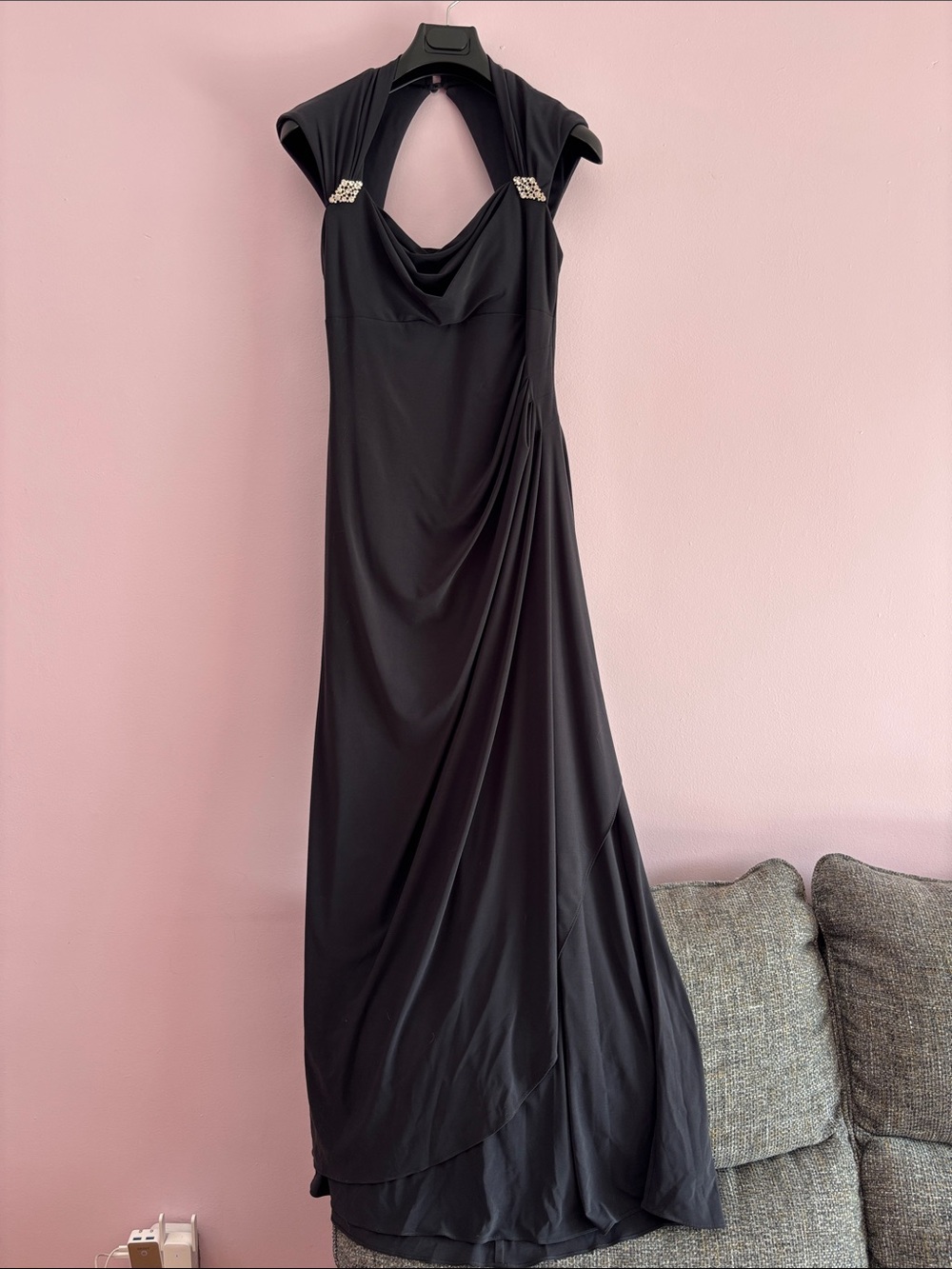 Xscape Black Draped Halter Evening Gown with Rhinestone Accents